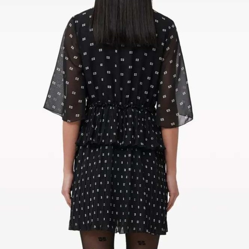 GANNI Black Pleated Georgette V Neck‎ Flounce Mini Dress Short Sleeve EU38 US6 - Picture 4 of 16
